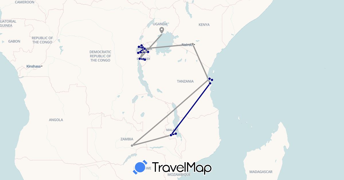 TravelMap itinerary: driving, plane in Burundi, Kenya, Malawi, Rwanda, Tanzania, Uganda, Zambia (Africa)